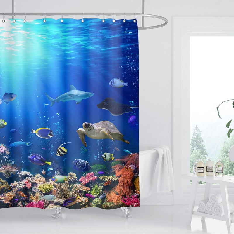 ZXMBF Ocean Underwater World Shower Curtain Colorful Tropical Fishes Turtle Coral in The Deep Sea Home DÃ©cor Waterproof Fabric 72Lx72W Inch Blue Plastic Hooks 12PCS - Image 2